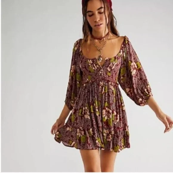 Free People Summer Picnic Printed Mini Dress Raisin Combo Brown Floral Brown - Picture 2 of 11